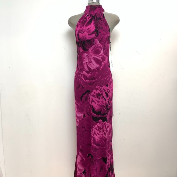 New CALVIN KLEIN Floral Print Delicate Chiffon Halter Mock Neck Long Dress - Picture 1 of 8